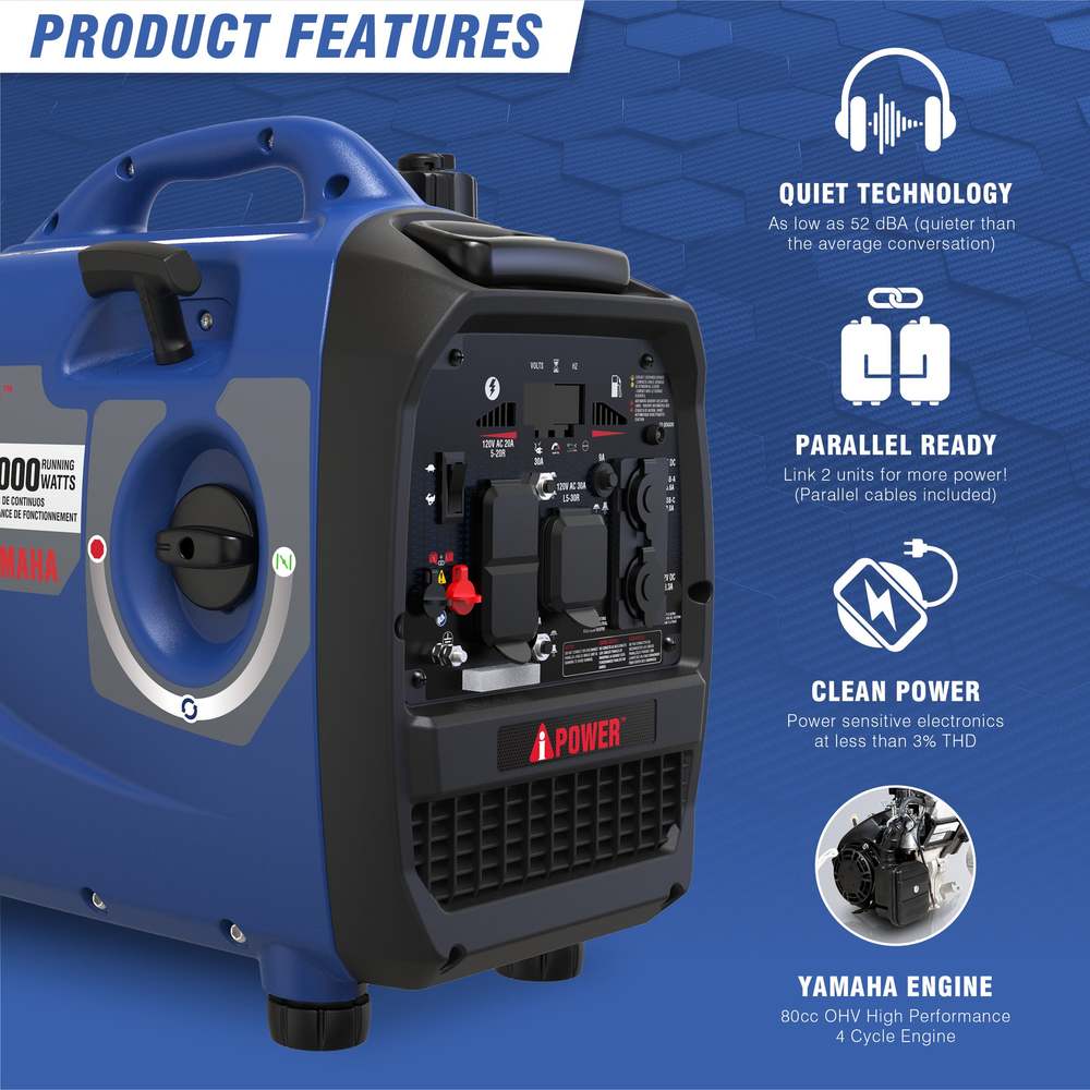 A-iPower 2500W Portable Inverter Generator Yamaha Engine Super Quiet Gas Powered for Camping RV Emergency Power SC2500i